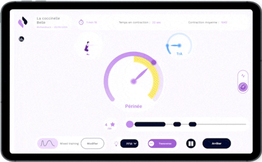 Interface de biofeedback pour la rééducation périnéale Inner Up à Nice, avec indicateurs Périnée et TrA pendant un exercice guidé